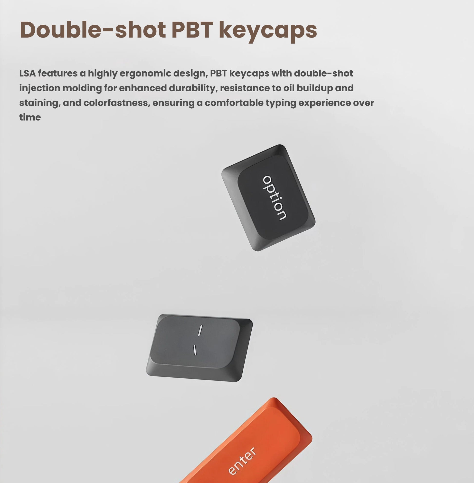 Close-up of Keychron K15 Max’s double-shot PBT keycaps in black and orange, featuring durable injection molding for resistance to oil buildup, staining, and fading over time.