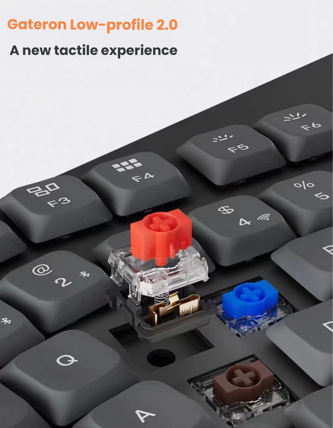 Close-up of Keychron K15 Max’s Gateron Low-Profile 2.0 mechanical switches in red, blue, and brown variants, providing tactile feedback and reduced travel height for comfortable typing.
