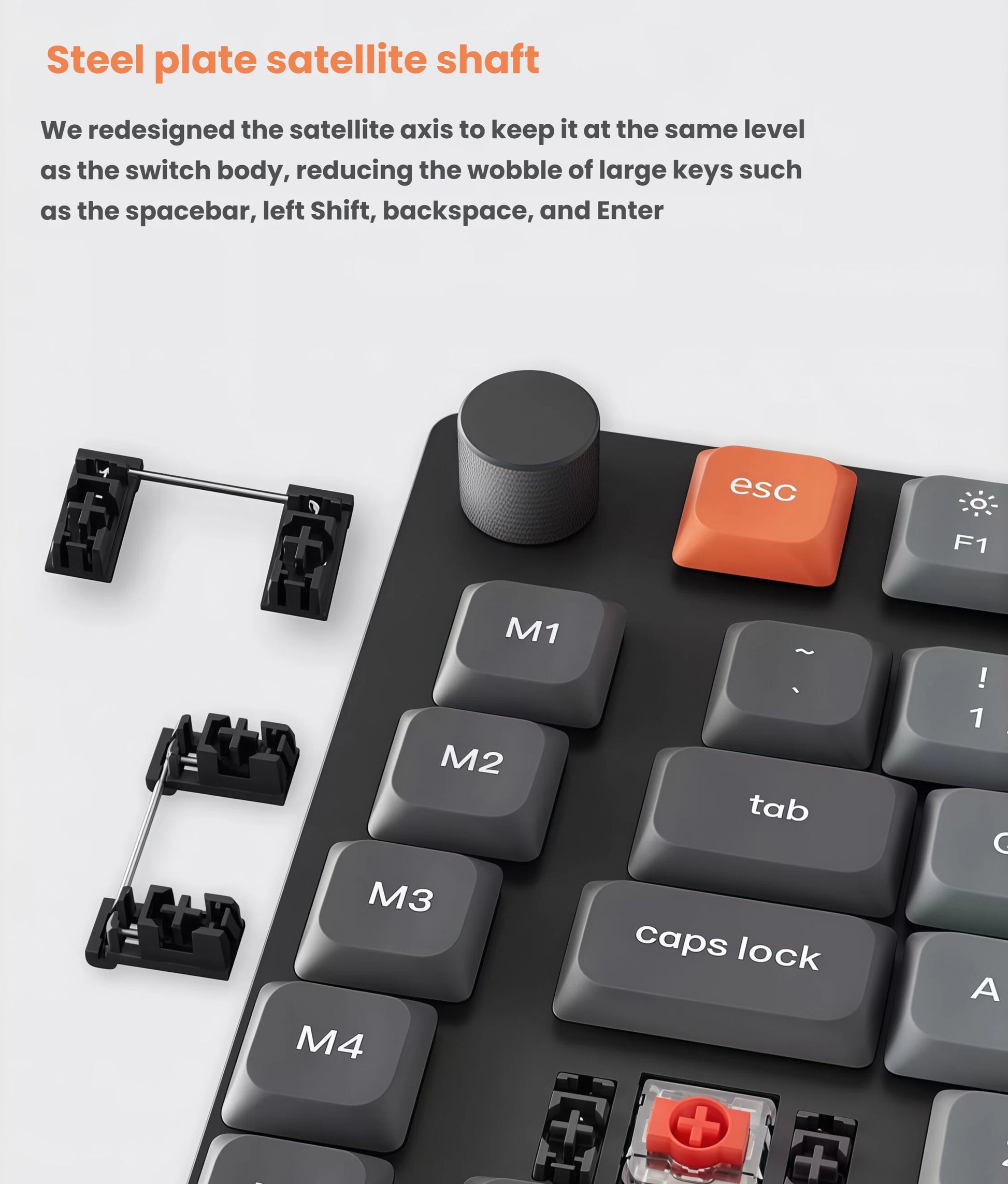 Detail shot of Keychron K15 Max’s steel plate satellite shaft system, redesigned to reduce wobble on large keys like spacebar, shift, and enter for consistent keystroke performance.