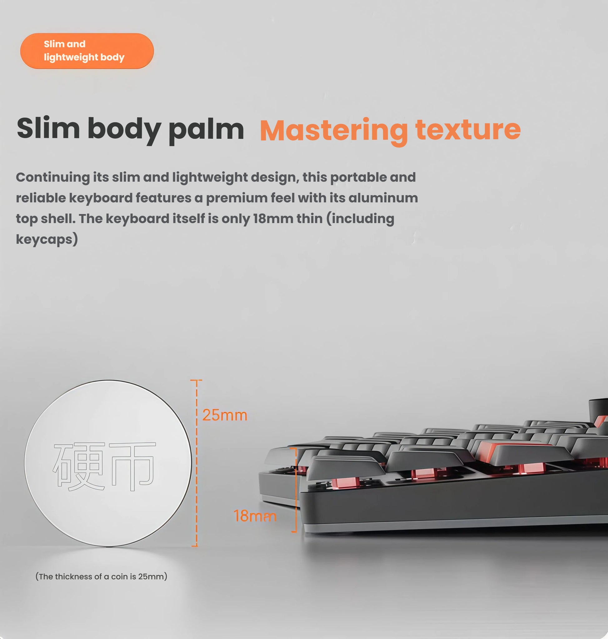 Side view of Keychron K15 Max showing its ultra-slim 18mm profile (thinner than a coin), highlighting the lightweight aluminum body and portable ergonomic design.
