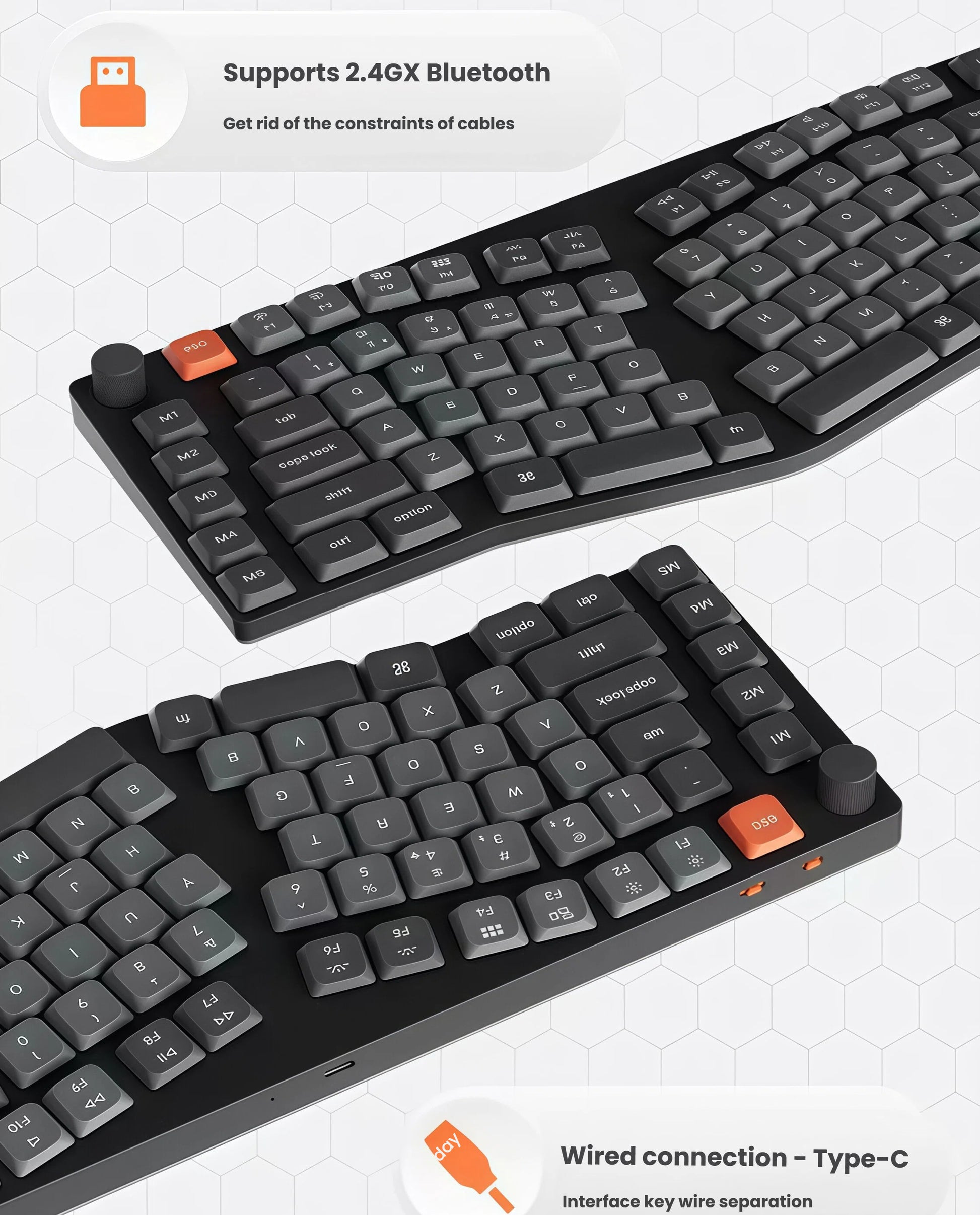 Two views of Keychron K15 Max showcasing dual wireless modes (2.4G and Bluetooth) and wired Type-C connection, offering flexible setup options for desktop and mobile use.