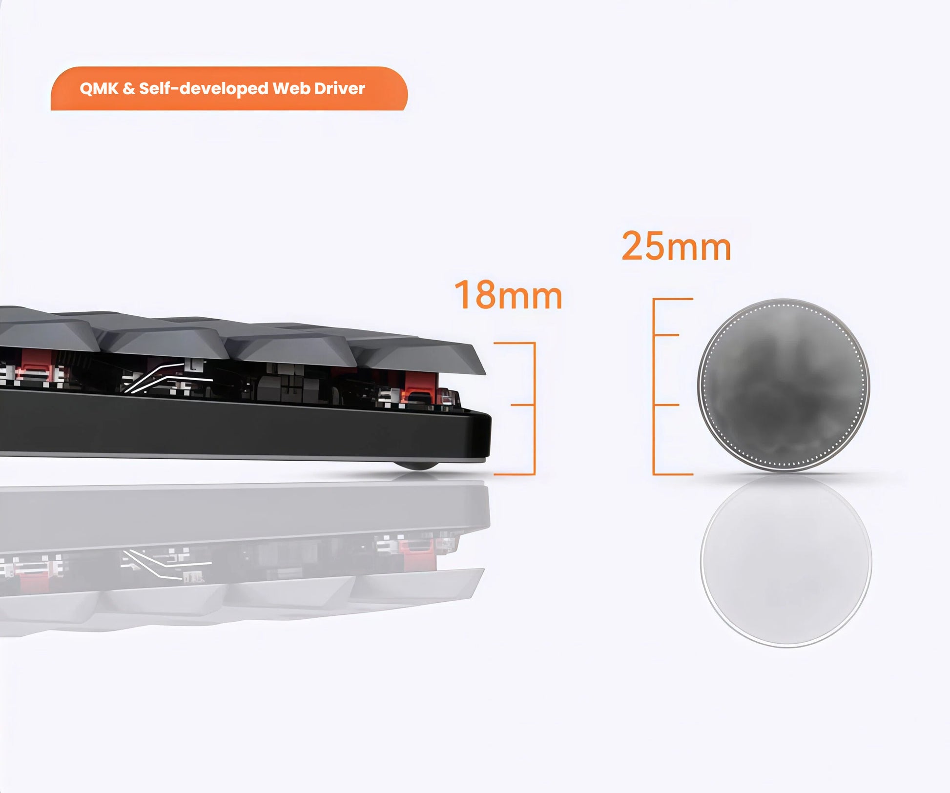 Feature highlights of Keychron K17 Max keyboard: two-stage foot support for three typing angles, 2.4G/Bluetooth/wired connectivity options, and premium anodized aluminum frame design.