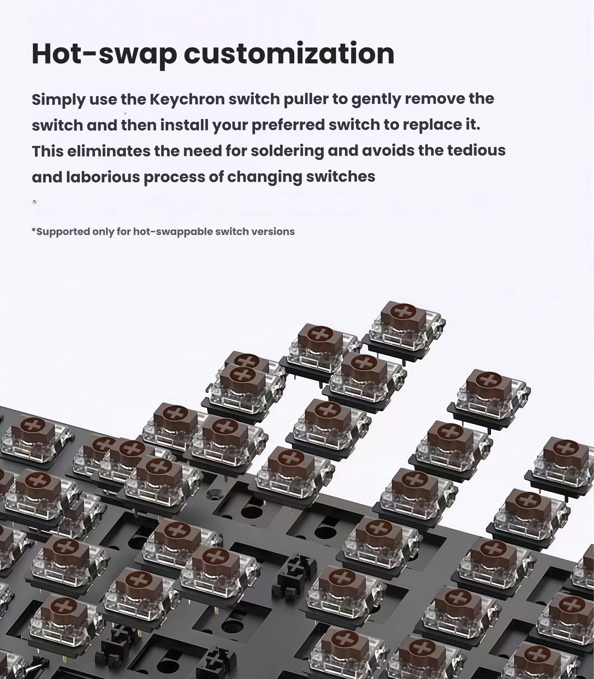 Close-up of Keychron K17 Max hot-swap mechanical keyboard PCB with transparent switch housings and brown stem switches, showcasing easy customization without soldering using Keychron switch puller.

