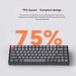 Keychron K2 Max keyboard displayed with "75%" graphic overlay, emphasizing its compact 75% layout that saves desktop space while retaining essential keys for efficient typing and gaming.