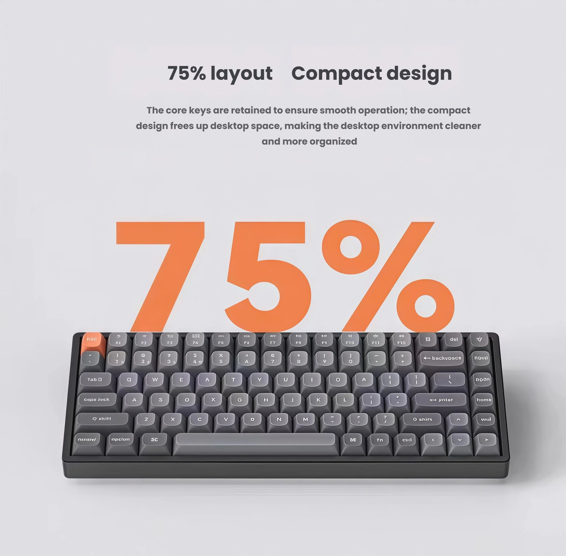 Keychron K2 Max keyboard displayed with "75%" graphic overlay, emphasizing its compact 75% layout that saves desktop space while retaining essential keys for efficient typing and gaming.