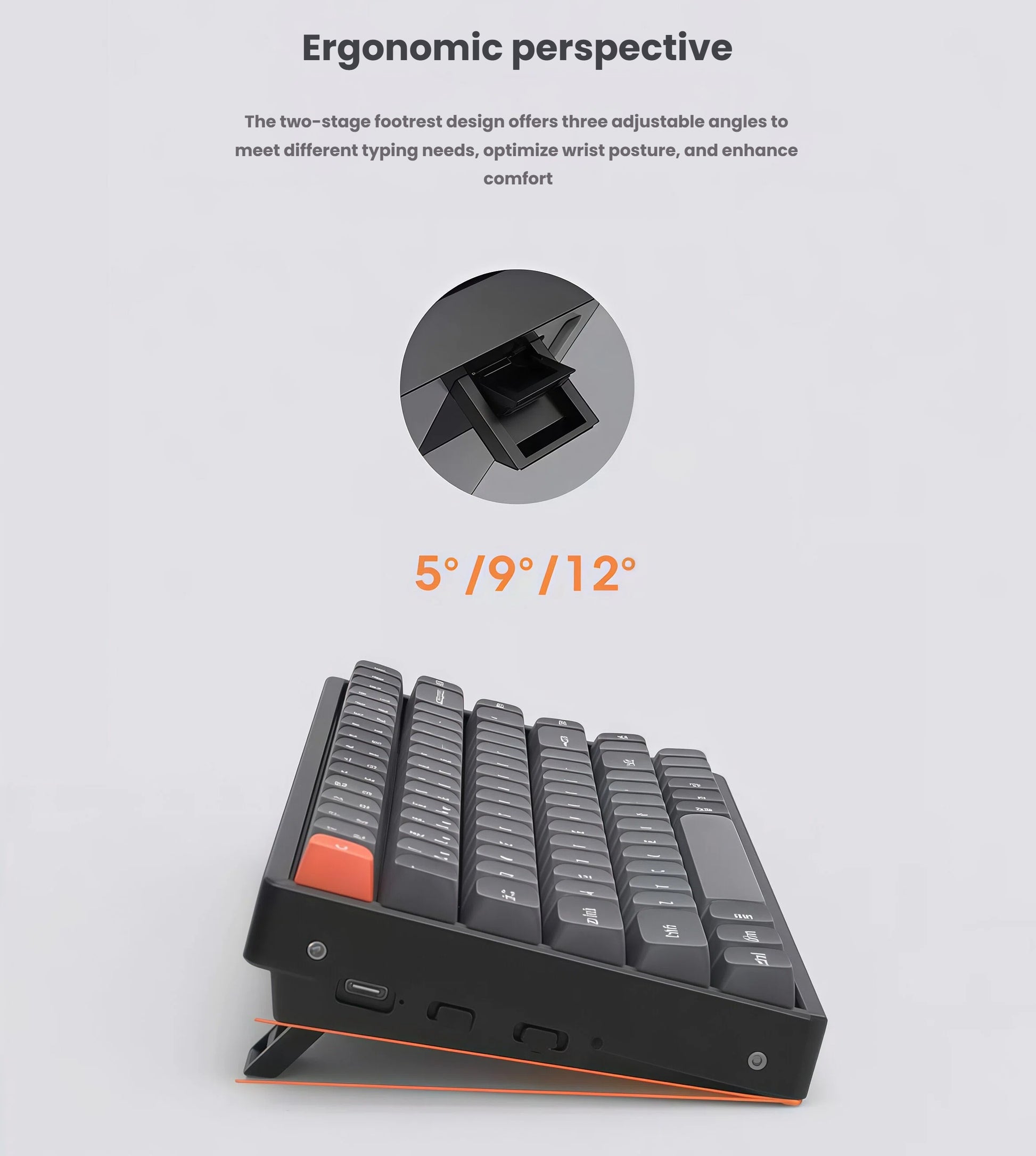 Keychron K2 Max keyboard with two-stage footrest extended at 5°, 9°, or 12° angles, optimizing wrist posture and providing ergonomic support during long typing sessions.
