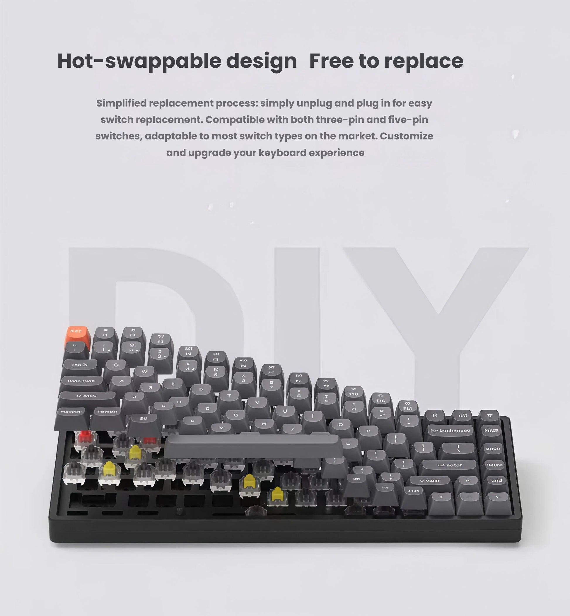Close-up of Keychron K2 Max keyboard with exposed hot-swappable switches in multiple colors (red, yellow, black), demonstrating user-friendly switch replacement for customizable tactile feedback and typing experience.