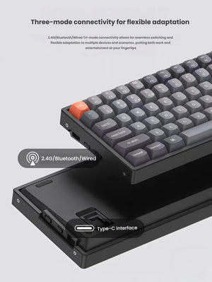 Keychron K2 Max mechanical keyboard showcasing 2.4G, Bluetooth, and wired connectivity options with visible Type-C port and wireless signal icon, enabling seamless switching between devices for work and gaming.