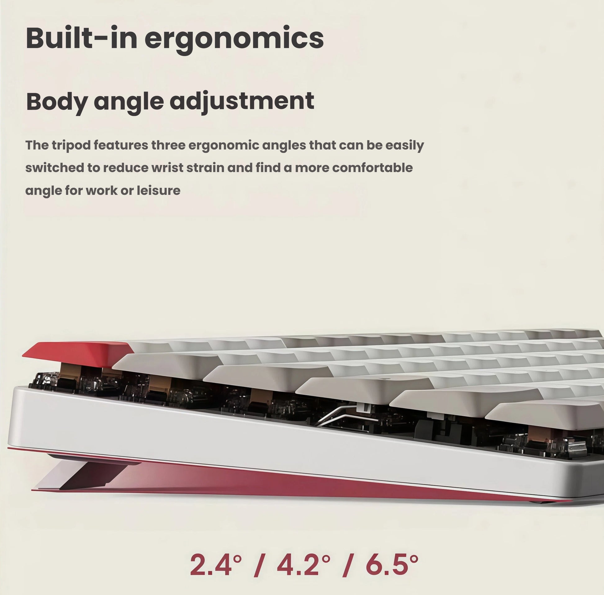 Side view of Keychron K3 MAX keyboard with tripod stand supporting three ergonomic angles (2.4°, 4.2°, 6.5°), reducing wrist strain and enhancing comfort during extended typing sessions.
