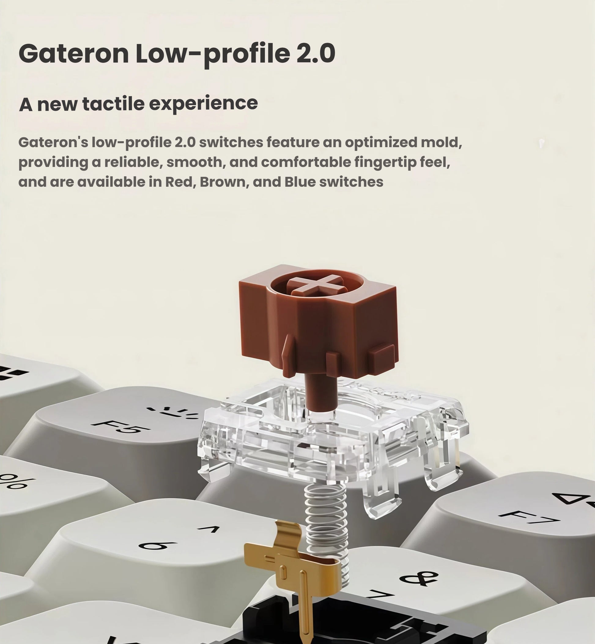 Close-up of Gateron low-profile 2.0 mechanical switch (brown variant) installed on Keychron K3 MAX, offering optimized mold, tactile feedback, and available in Red, Brown, and Blue options.