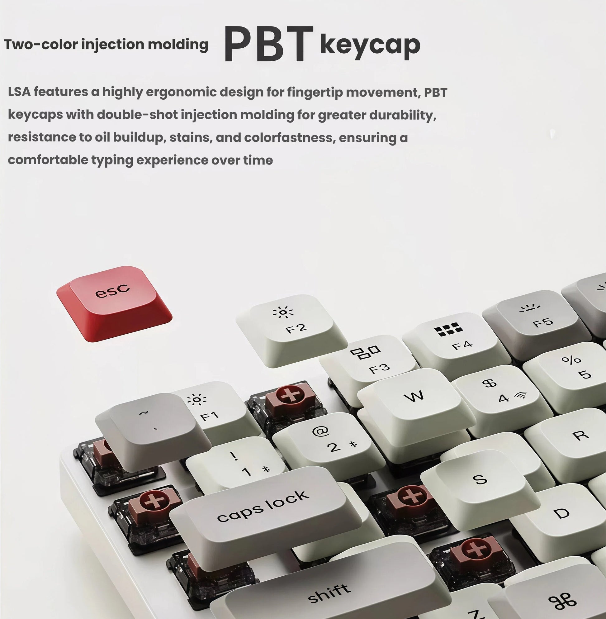 Close-up of Keychron K3 MAX PBT keycaps with double-shot injection molding, featuring durable construction, resistance to oil and stains, and ergonomic design for long-term comfort.