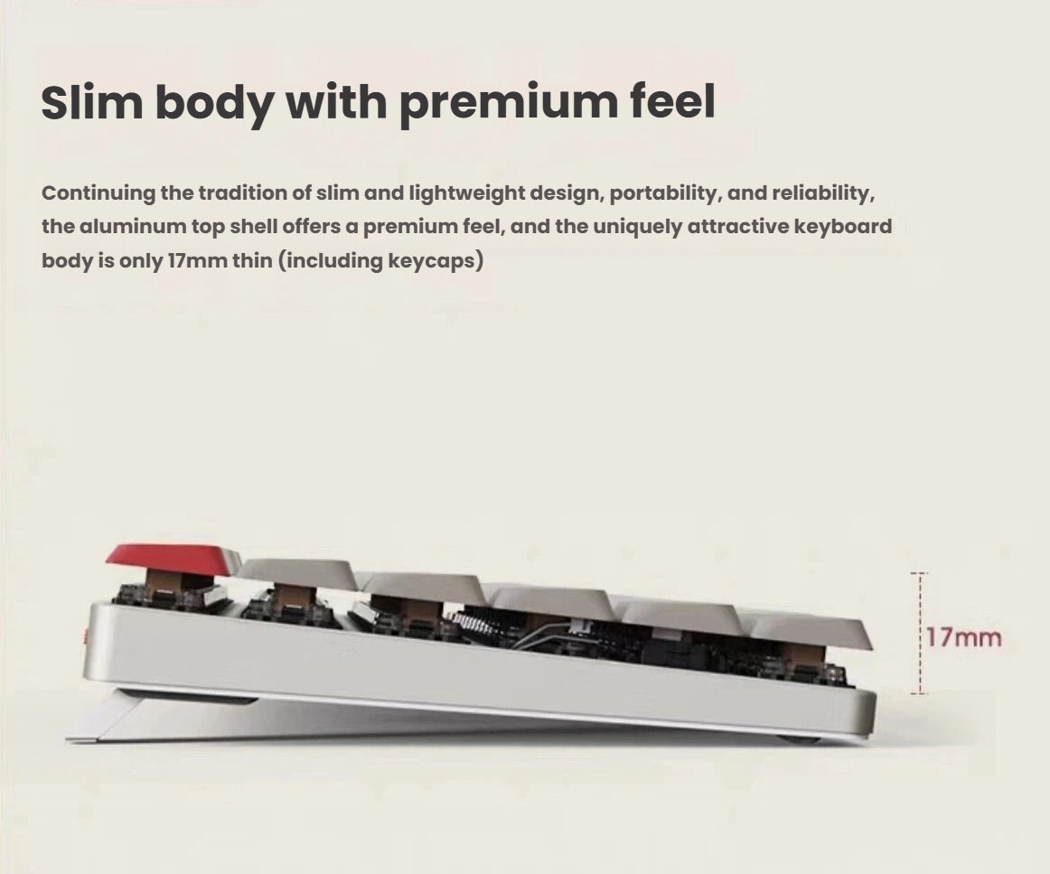 Side profile of Keychron K3 MAX showing its ultra-slim 17mm thickness (including keycaps), lightweight aluminum top shell, and premium build quality for portability and durability.