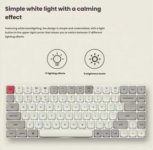 Keychron K3 MAX keyboard with white backlighting showcasing 17 lighting effects and 5 brightness levels controlled via the light button on the upper right corner for customizable ambient typing.