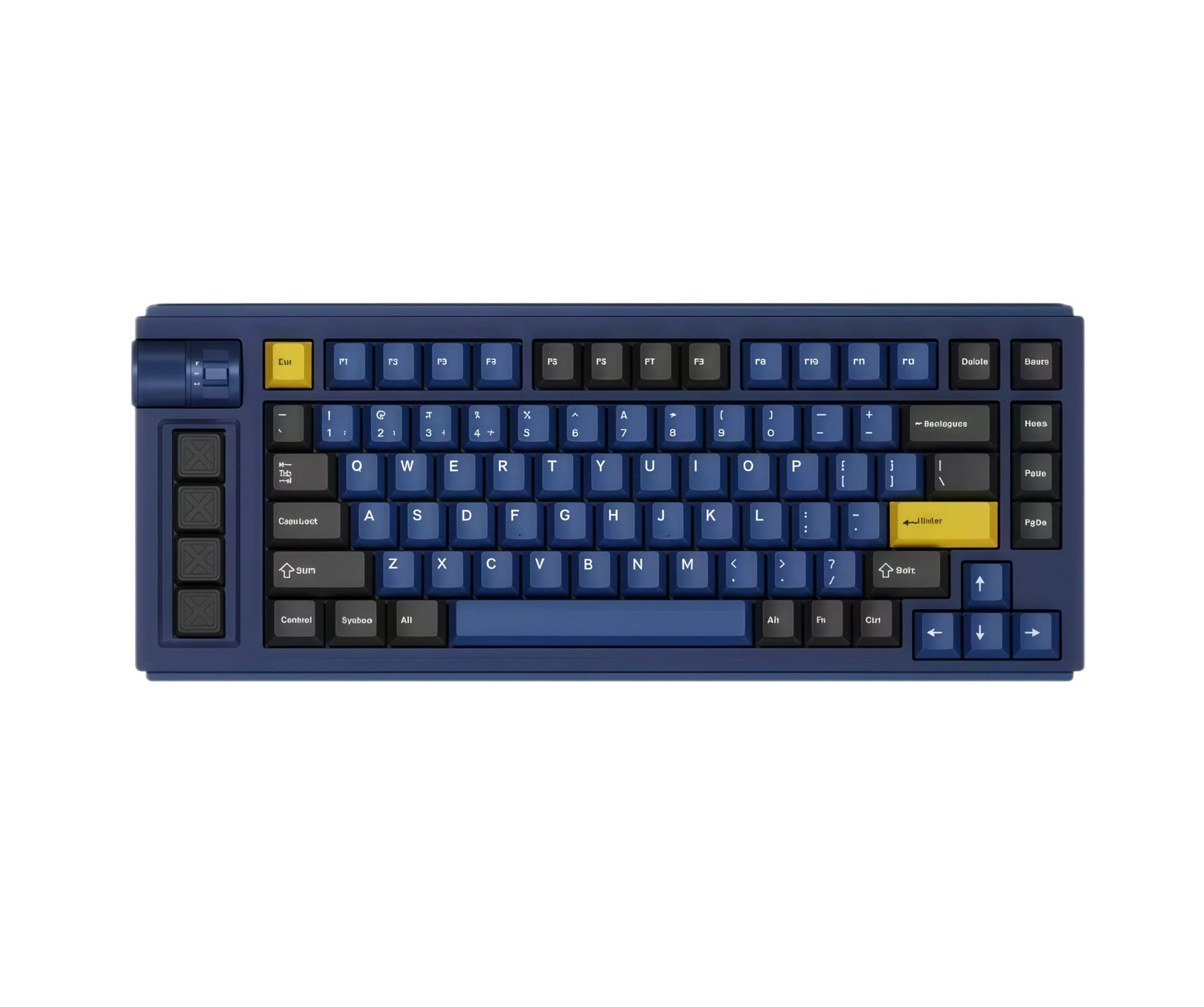 Full top view of the Keychron Lemokey L1 keyboard in deep blue colorway with yellow Esc and Enter keys, showcasing its clean aesthetic and professional-grade mechanical design.