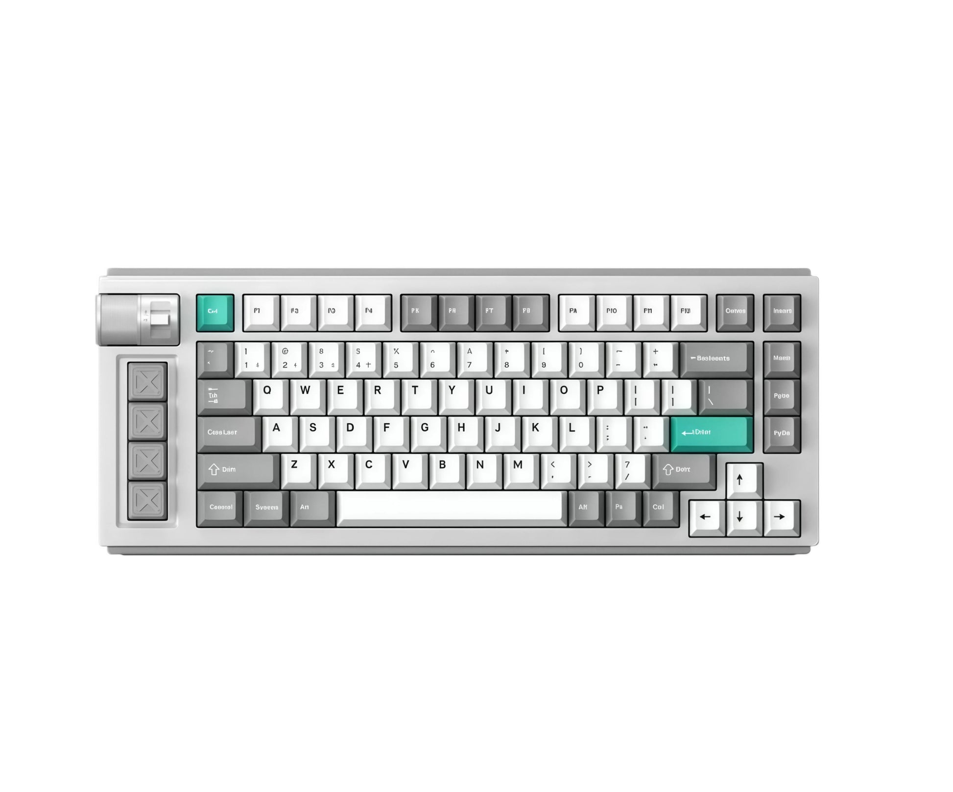 Top-down view of the Keychron Lemokey L1 mechanical keyboard in silver colorway featuring teal Esc and Enter keys, compact tenkeyless layout, and programmable drum roller on the left side.