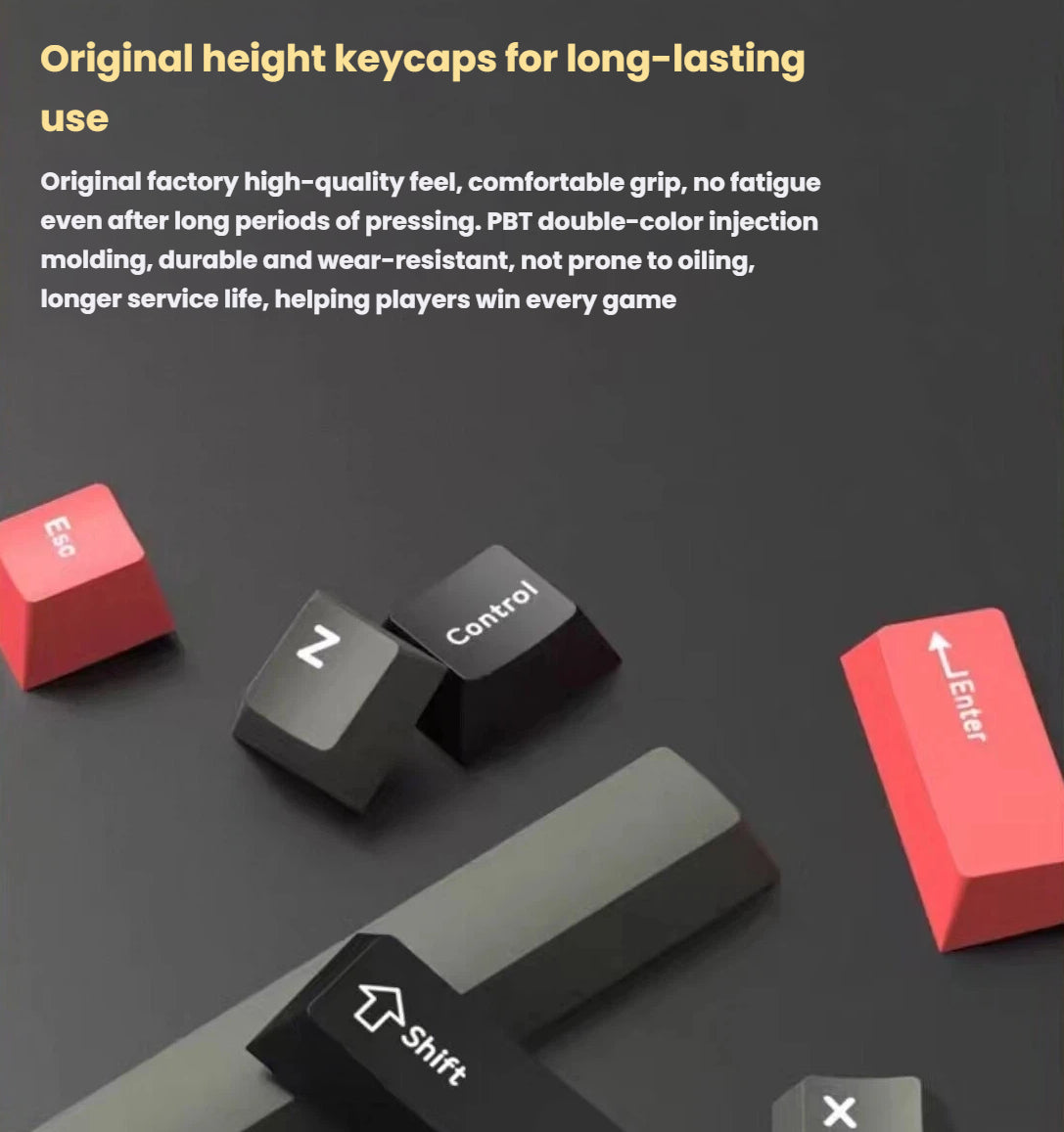 Close-up of Keychron Lemokey L1’s high-quality PBT double-shot injection molded keycaps in red, black, and gray, designed for durability, comfort, and resistance to wear and oil buildup.