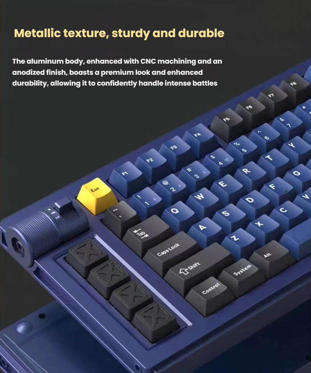 Close-up of the Keychron Lemokey L1 keyboard’s aluminum body with CNC machining and anodized surface, highlighting its durable build and premium metallic texture for long-term use.