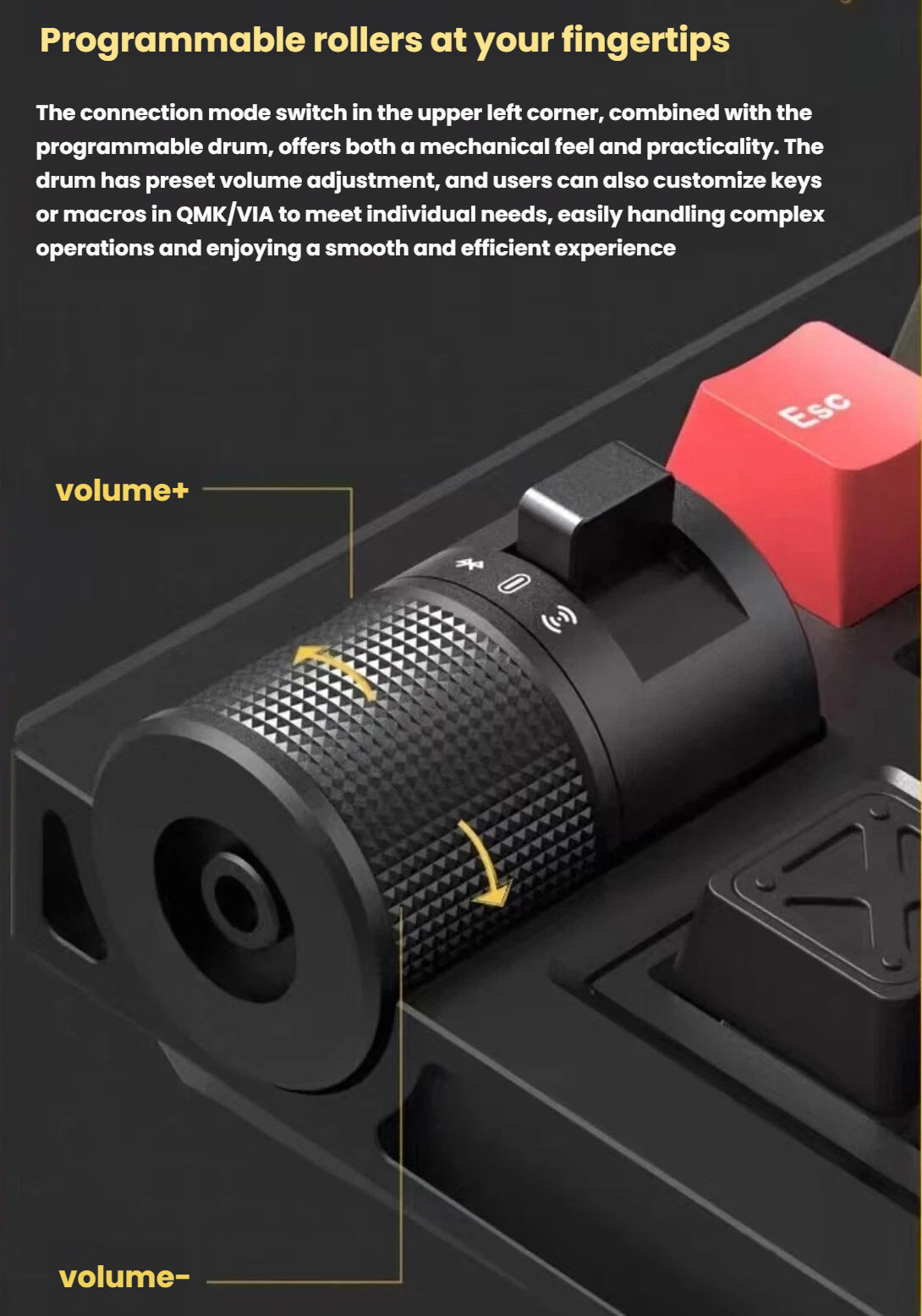 Detailed close-up of the Keychron Lemokey L1's textured programmable roller on the left side, showing volume up/down functionality and tactile feedback for precise audio control.