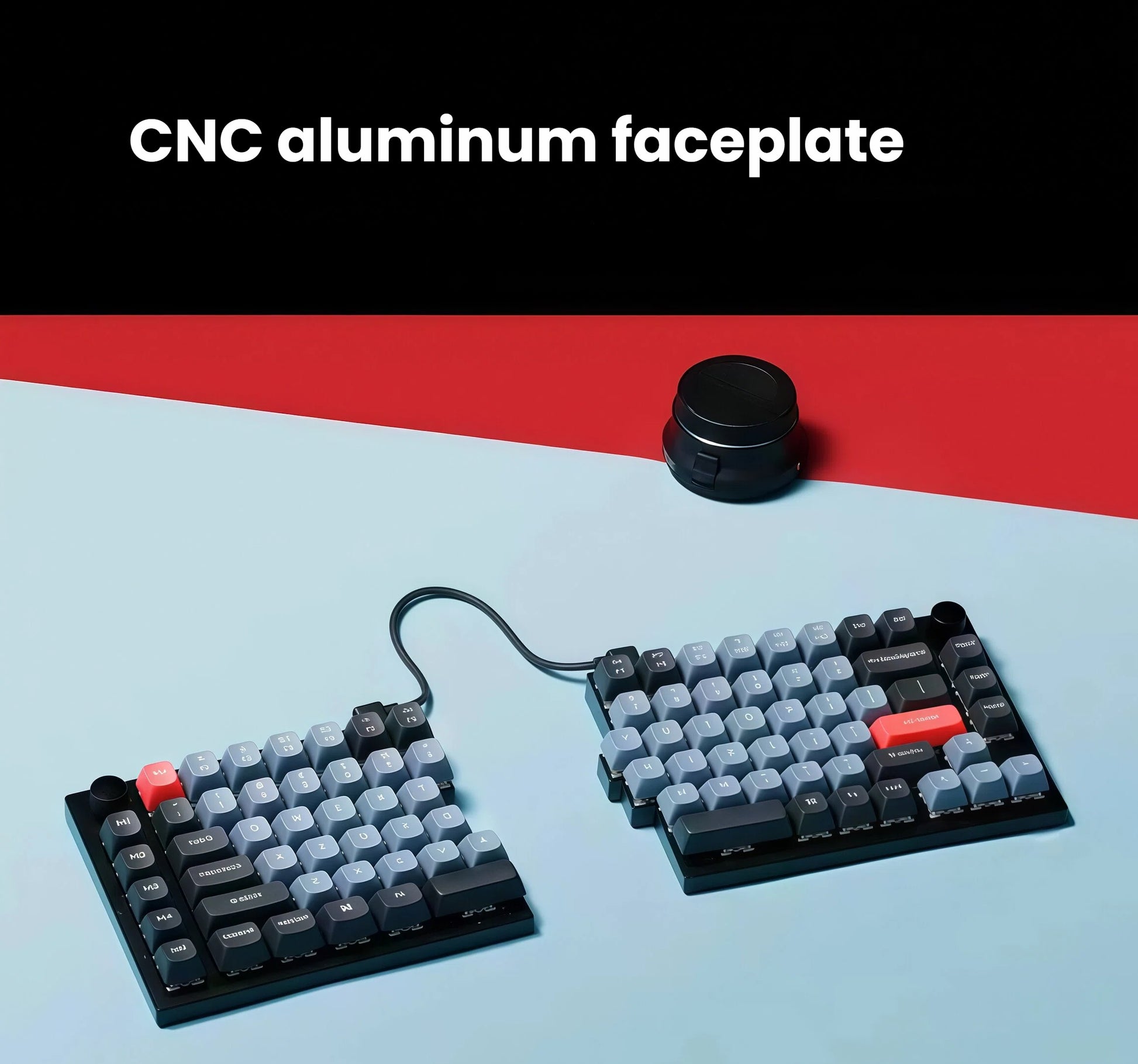 Keychron Q11 split mechanical keyboard with CNC aluminum faceplate, displayed on a blue and red gradient surface, highlighting premium build quality and sleek industrial design.
