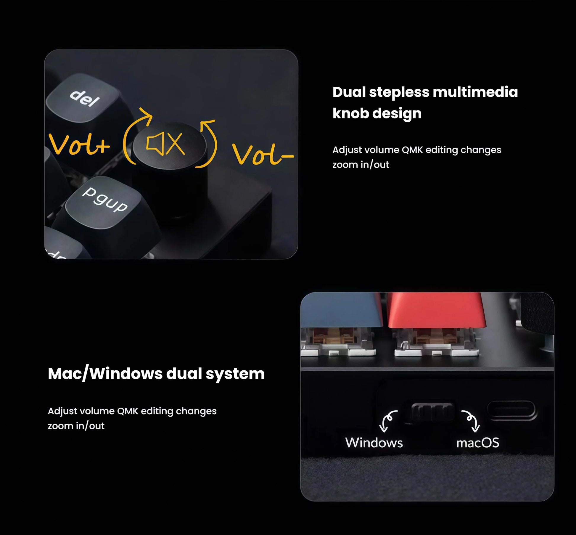 Keychron Q11 split keyboard with dual stepless multimedia knob for volume control and zoom, plus physical switch to toggle between Windows and macOS layouts for seamless cross-platform use.