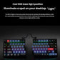 Keychron Q11 split mechanical keyboard with vibrant RGB underglow lighting illuminating the desktop surface. Features 22 built-in lighting modes and customizable keycaps for dynamic light pollution effects.

