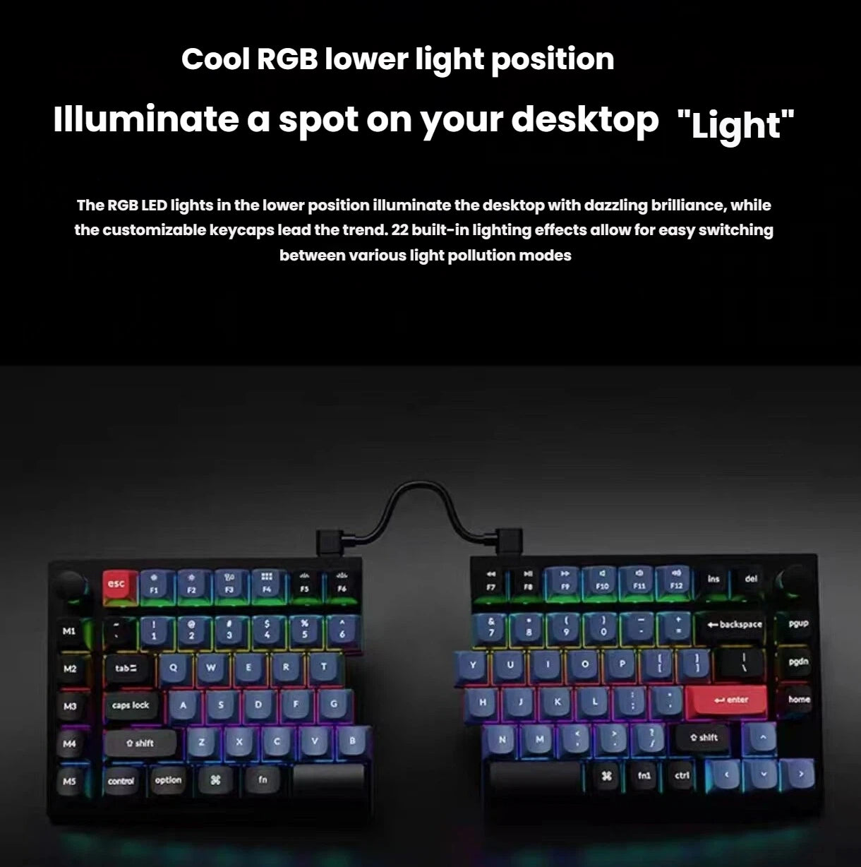 Keychron Q11 split mechanical keyboard with vibrant RGB underglow lighting illuminating the desktop surface. Features 22 built-in lighting modes and customizable keycaps for dynamic light pollution effects.
