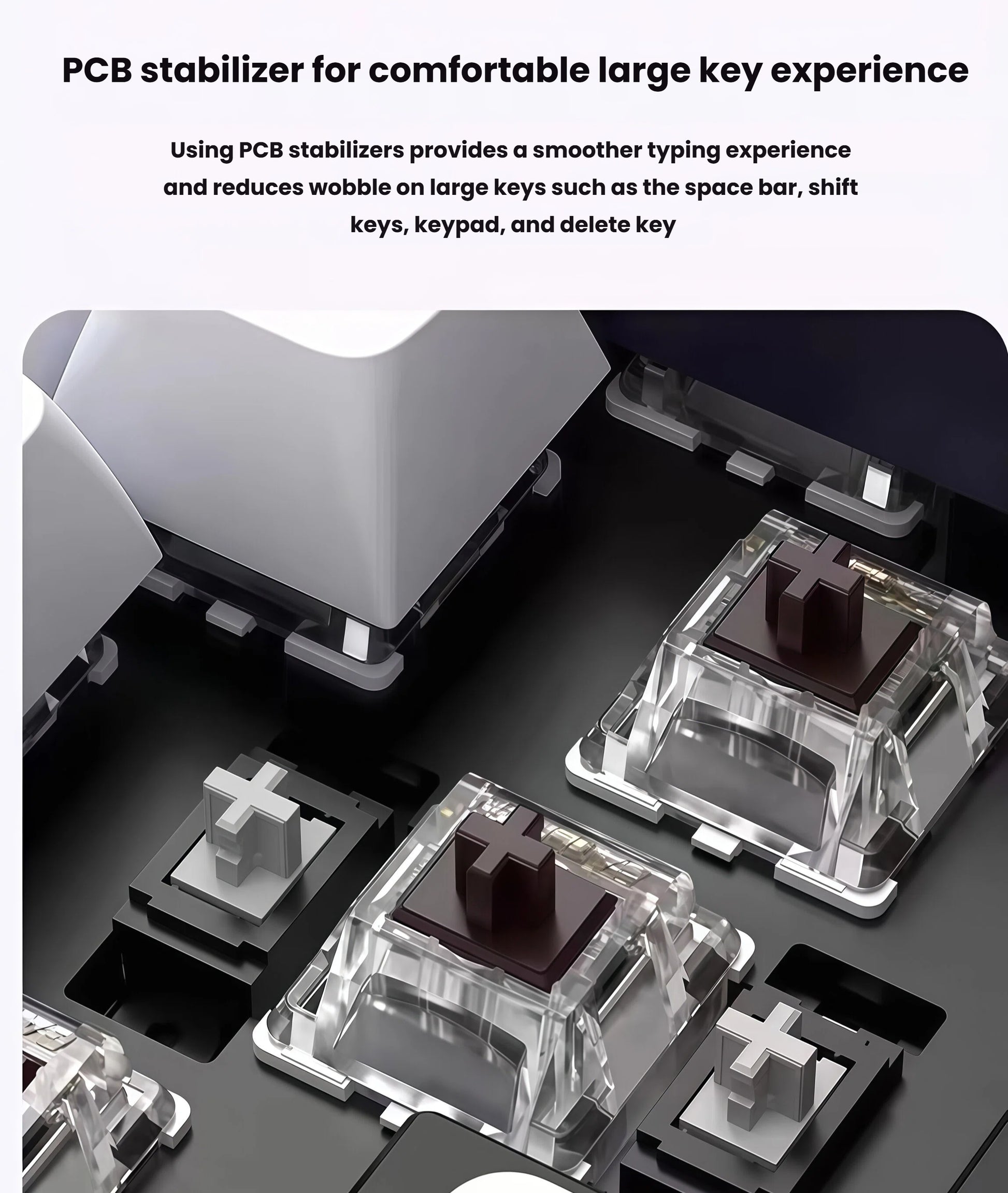 Close-up view of Keychron Q12 Max’s PCB stabilizers under transparent keycaps, reducing wobble on large keys like spacebar, shift, and keypad for enhanced typing comfort and stability.