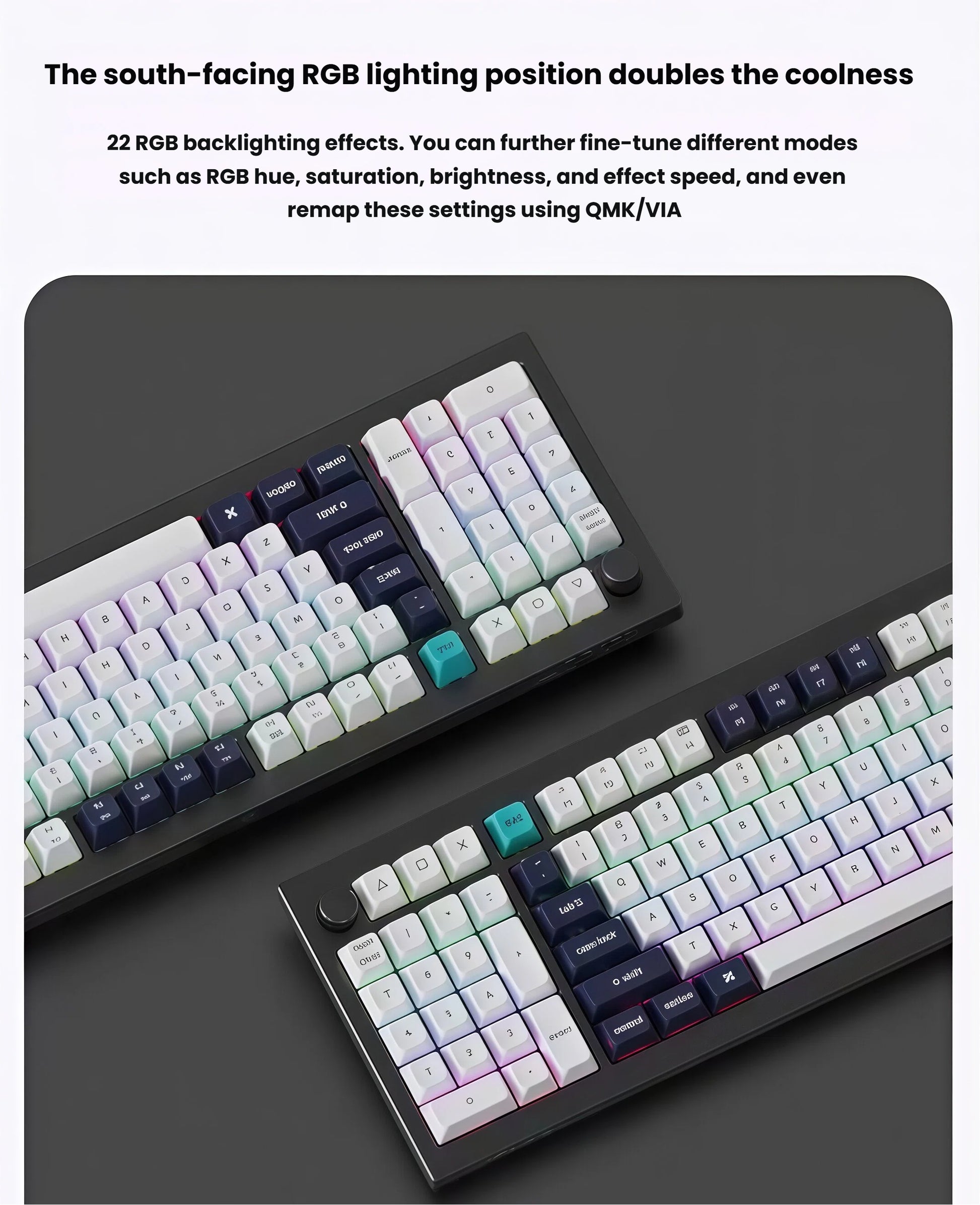 Two Keychron Q12 Max keyboards displaying vibrant south-facing RGB backlighting with 22 customizable effects, allowing users to adjust hue, brightness, and speed via QMK/VIA firmware.
