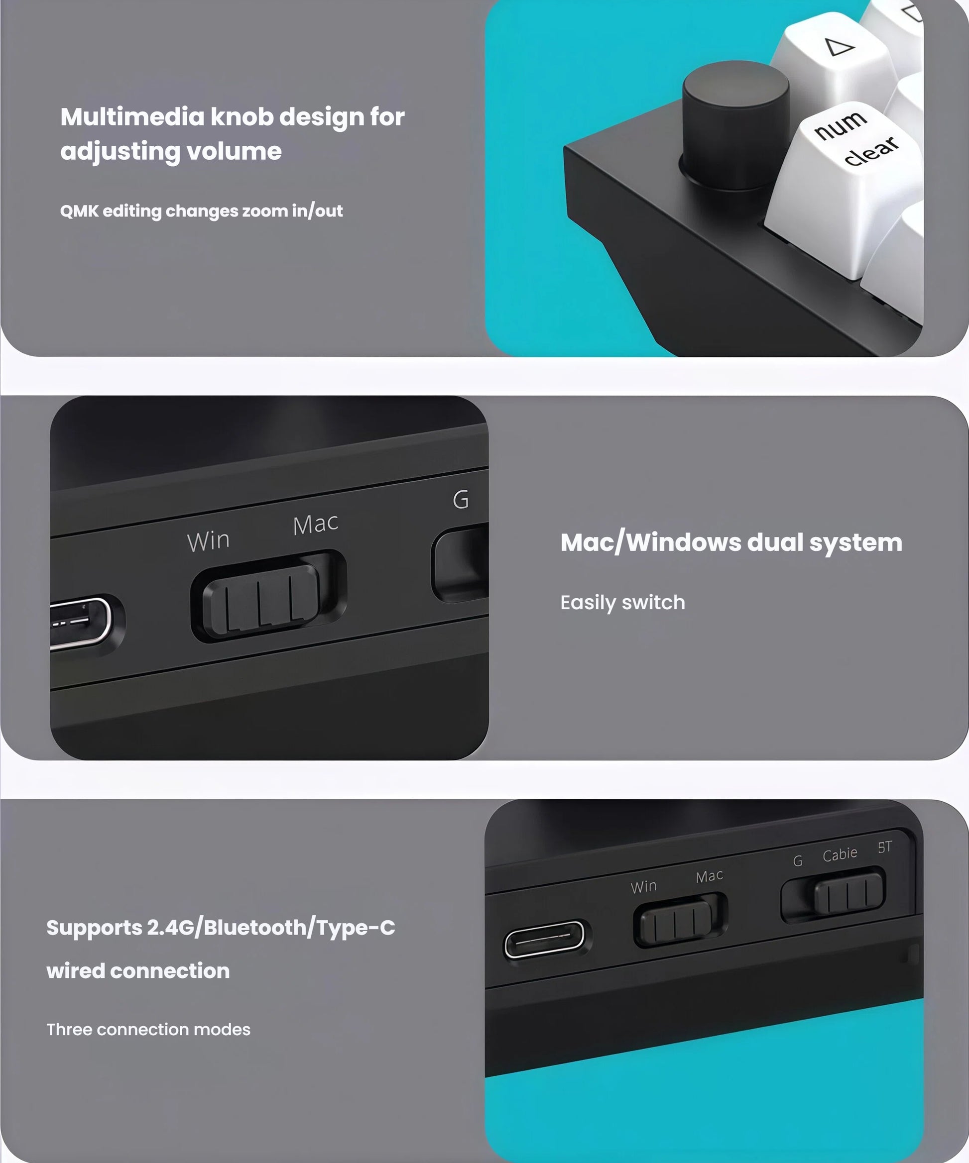 Close-up of Keychron Q12 Max’s multimedia volume knob and Mac/Windows dual-system switch, enabling quick system switching and zoom control via QMK editing for seamless workflow.