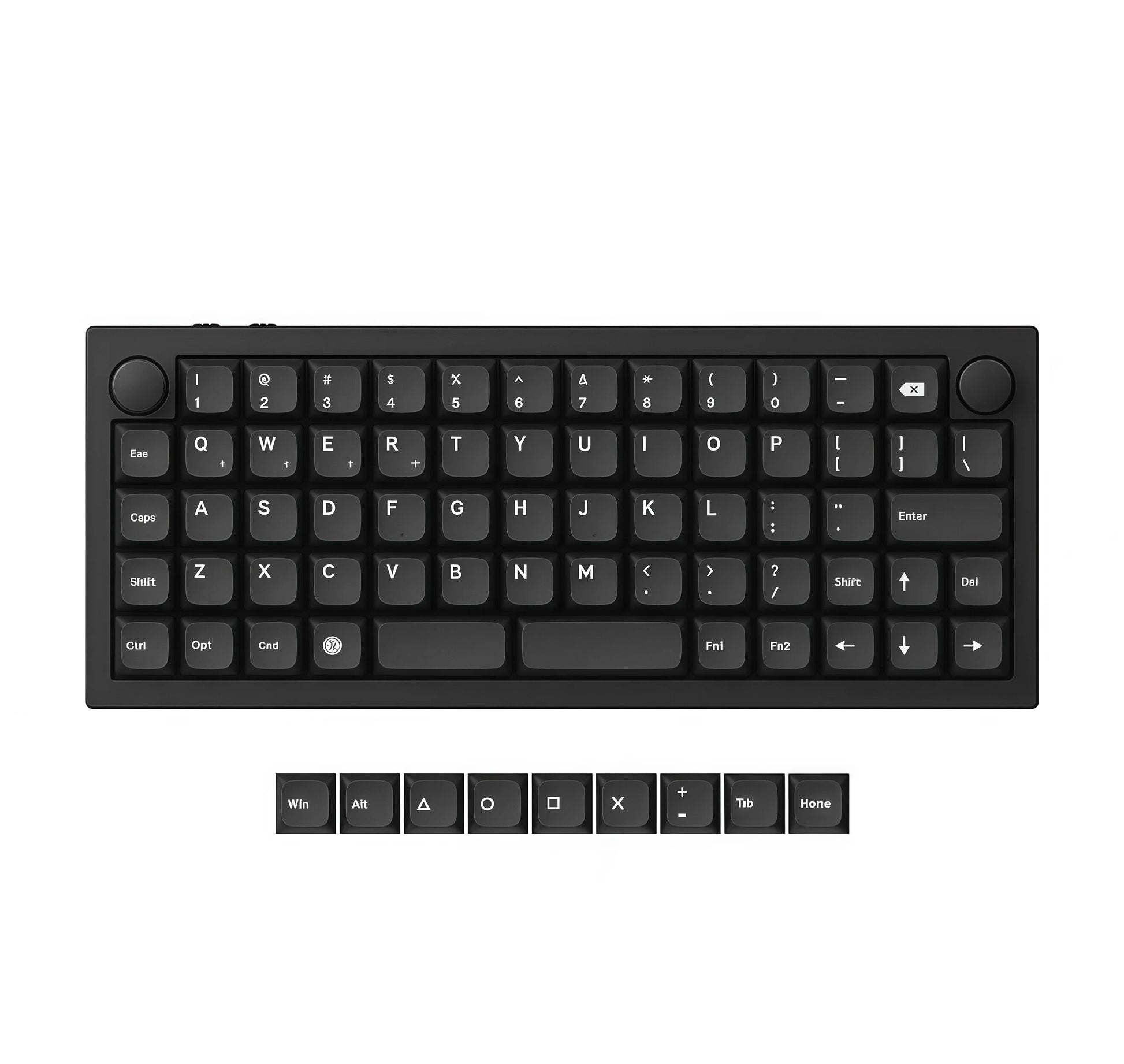 Top view of the Keychron Q15 Max in black colorway showing complete 80% tenkeyless layout with dedicated function keys and additional modular keycaps below (Win, Alt, etc.) for enhanced customization.