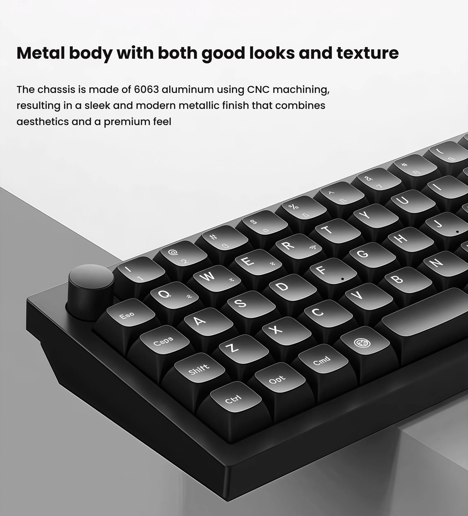 Close-up of the Keychron Q15 Max keyboard’s sleek black aluminum chassis made from 6063 aluminum using CNC machining, highlighting its premium build quality and modern metallic texture.