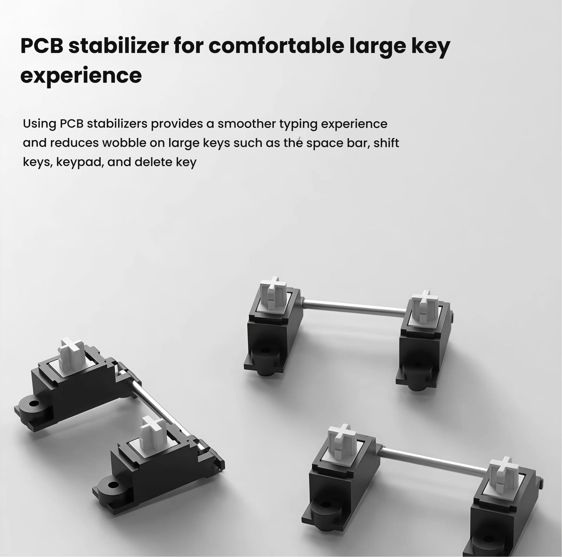 Close-up of Keychron Q15 Max’s PCB-mounted stabilizers used for spacebar, shift, enter, and delete keys, ensuring consistent tactile feedback and eliminating wobble for a smooth typing experience.
