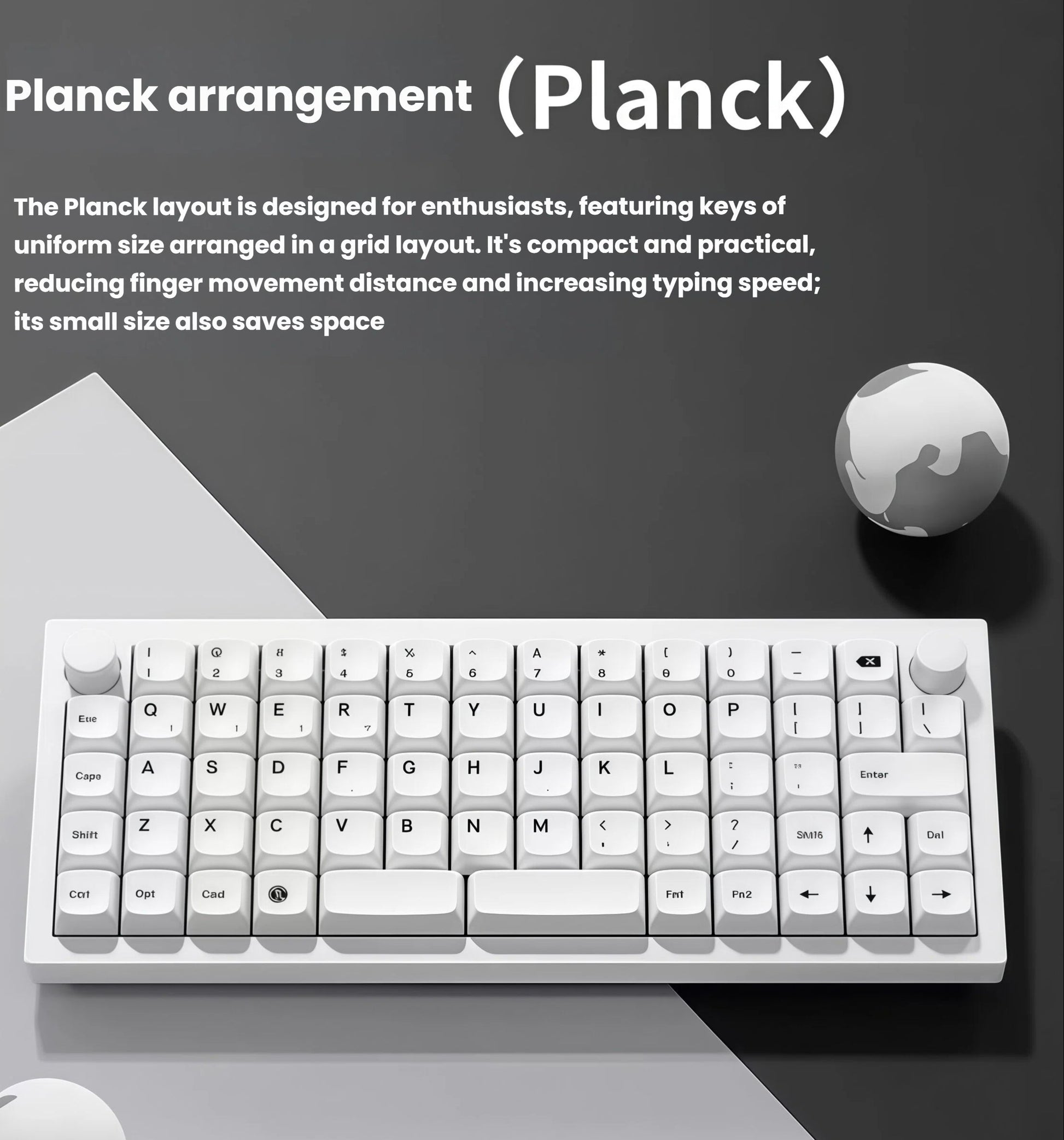 Top-down view of the Keychron Q15 Max in white colorway featuring the Planck keyboard layout with uniform-sized keys arranged in a grid pattern, optimized for efficiency and reduced finger movement.