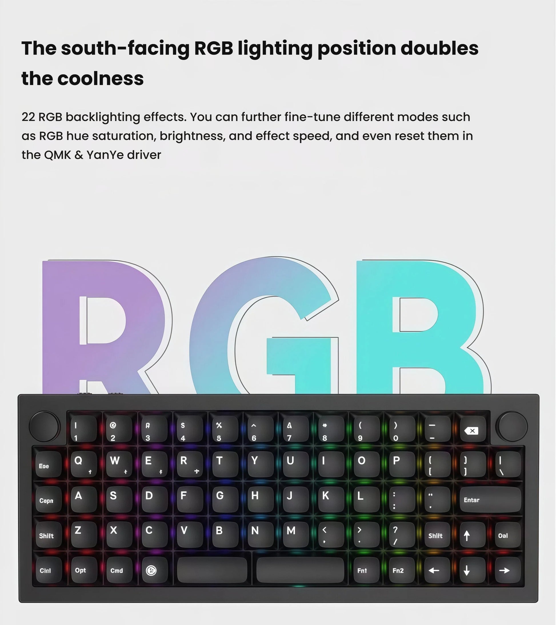 Front view of the Keychron Q15 Max wireless mechanical keyboard with vibrant south-facing RGB backlighting, showcasing 22 dynamic lighting effects including rainbow wave and breathing modes for enhanced visual appeal.