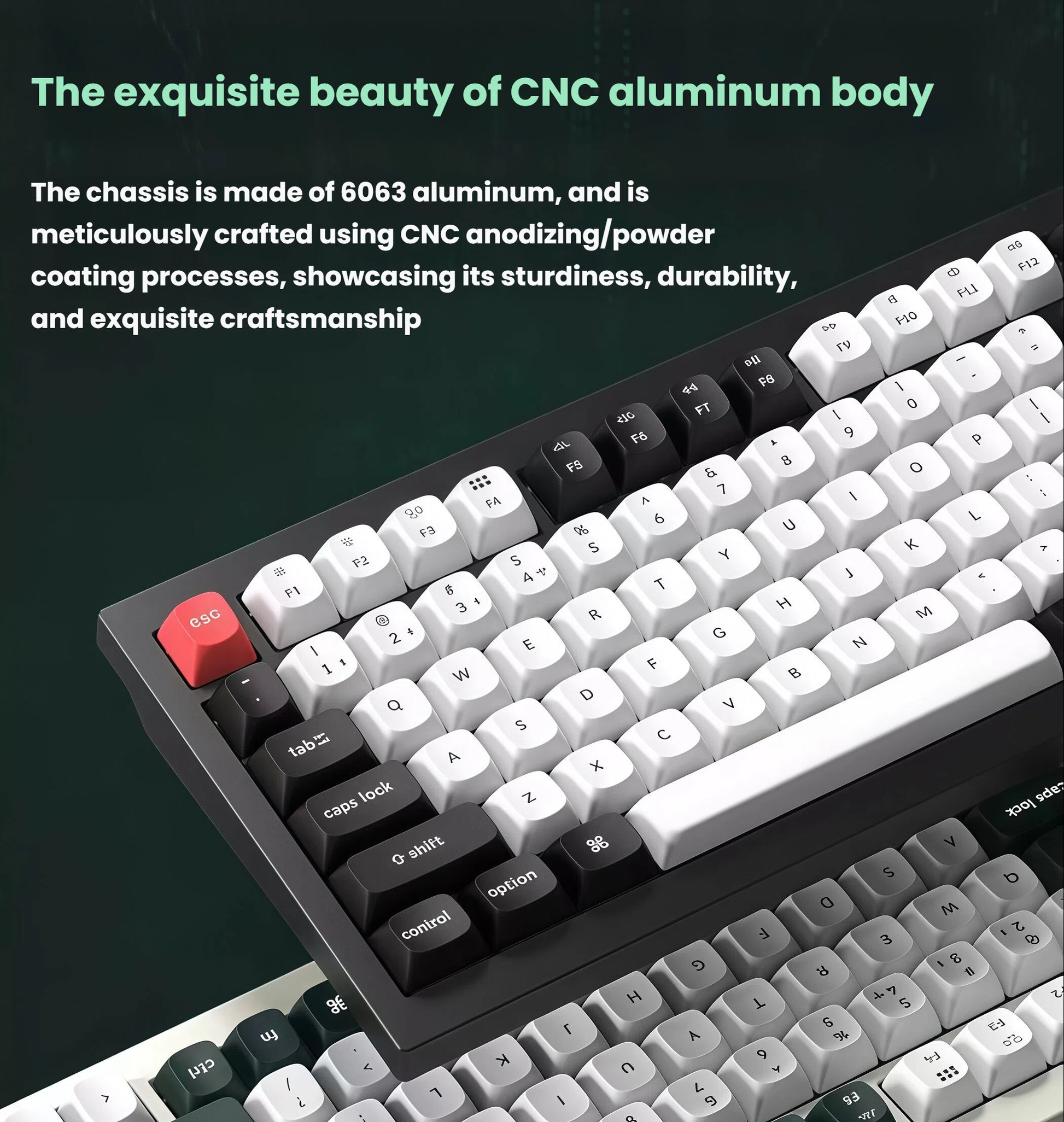 Detail shot of Keychron Q1 HE keyboard's edge and top surface, highlighting its 6063 aluminum chassis crafted with CNC anodizing and powder coating for strength and premium feel.