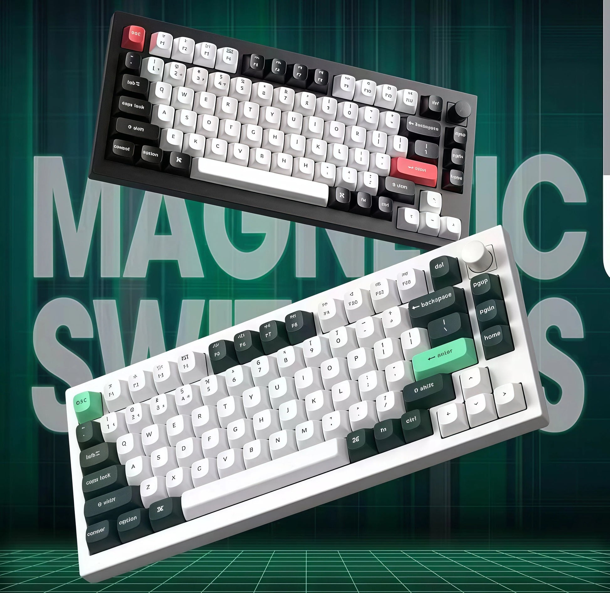 Side-by-side display of Keychron Q1 HE mechanical keyboards in white and black finishes, showcasing dual-color options with red ESC and Enter keys, magnetic switches, and CNC aluminum build.