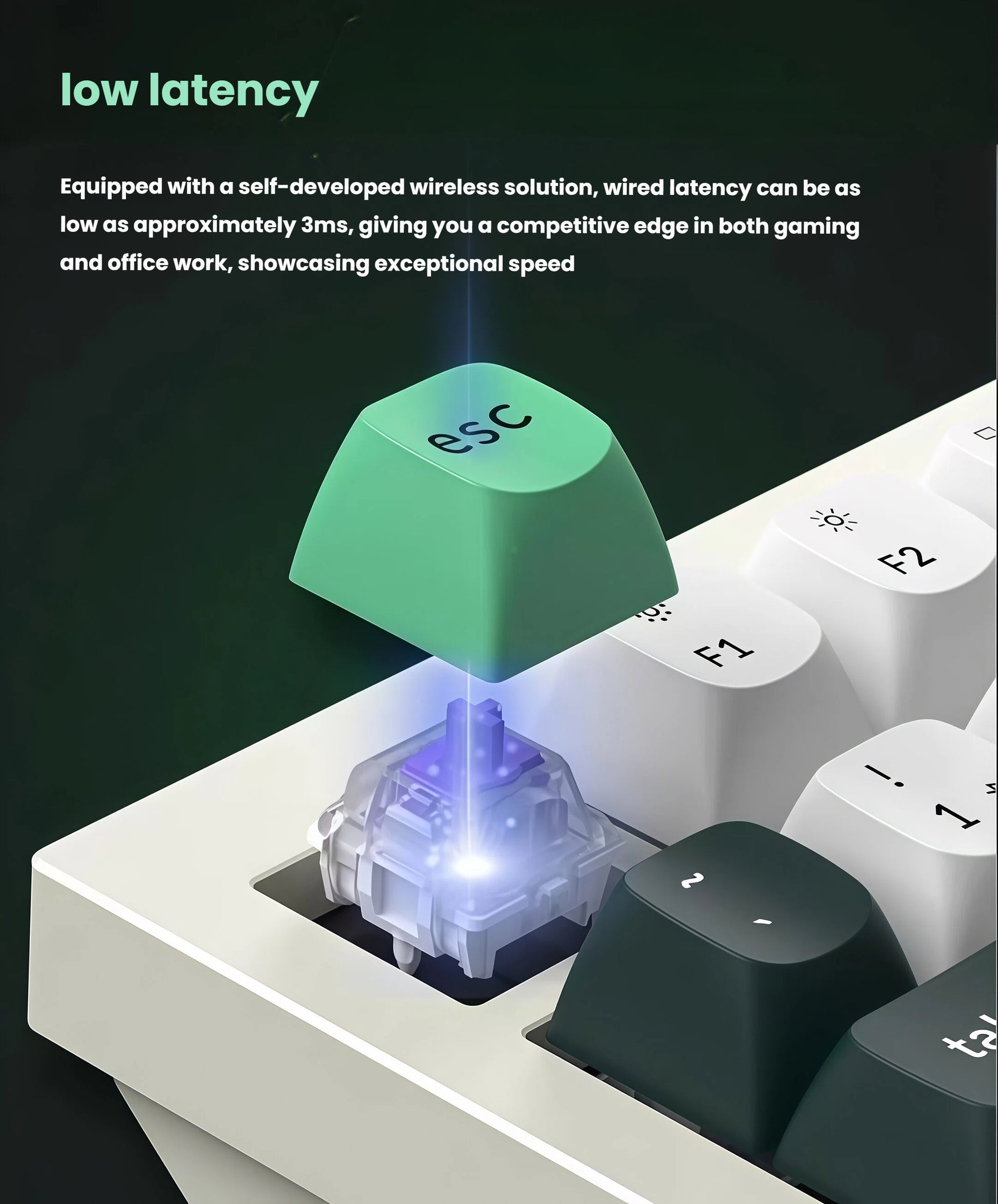 Close-up of Keychron Q1 HE keyboard’s ESC key with glowing magnetic switch, highlighting ultra-low latency wireless performance at approximately 3ms for responsive gaming and typing.