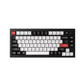Front view of Keychron Q1 HE mechanical keyboard in black aluminum body with white and black keycaps, featuring red ESC and Enter keys for visual contrast and easy access.