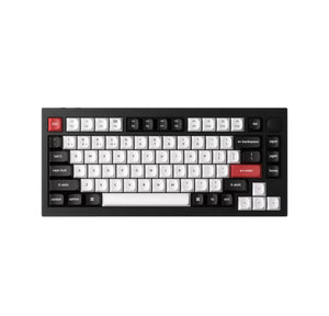 Front view of Keychron Q1 HE mechanical keyboard in black aluminum body with white and black keycaps, featuring red ESC and Enter keys for visual contrast and easy access.
