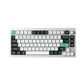 Front view of Keychron Q1 HE mechanical keyboard in silver aluminum body with white and black keycaps, featuring green ESC and Enter keys, and a minimalist compact layout.