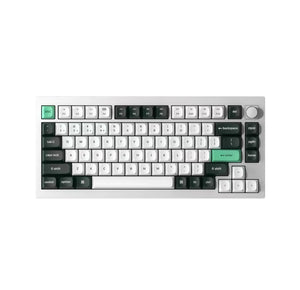 Front view of Keychron Q1 HE mechanical keyboard in silver aluminum body with white and black keycaps, featuring green ESC and Enter keys, and a minimalist compact layout.