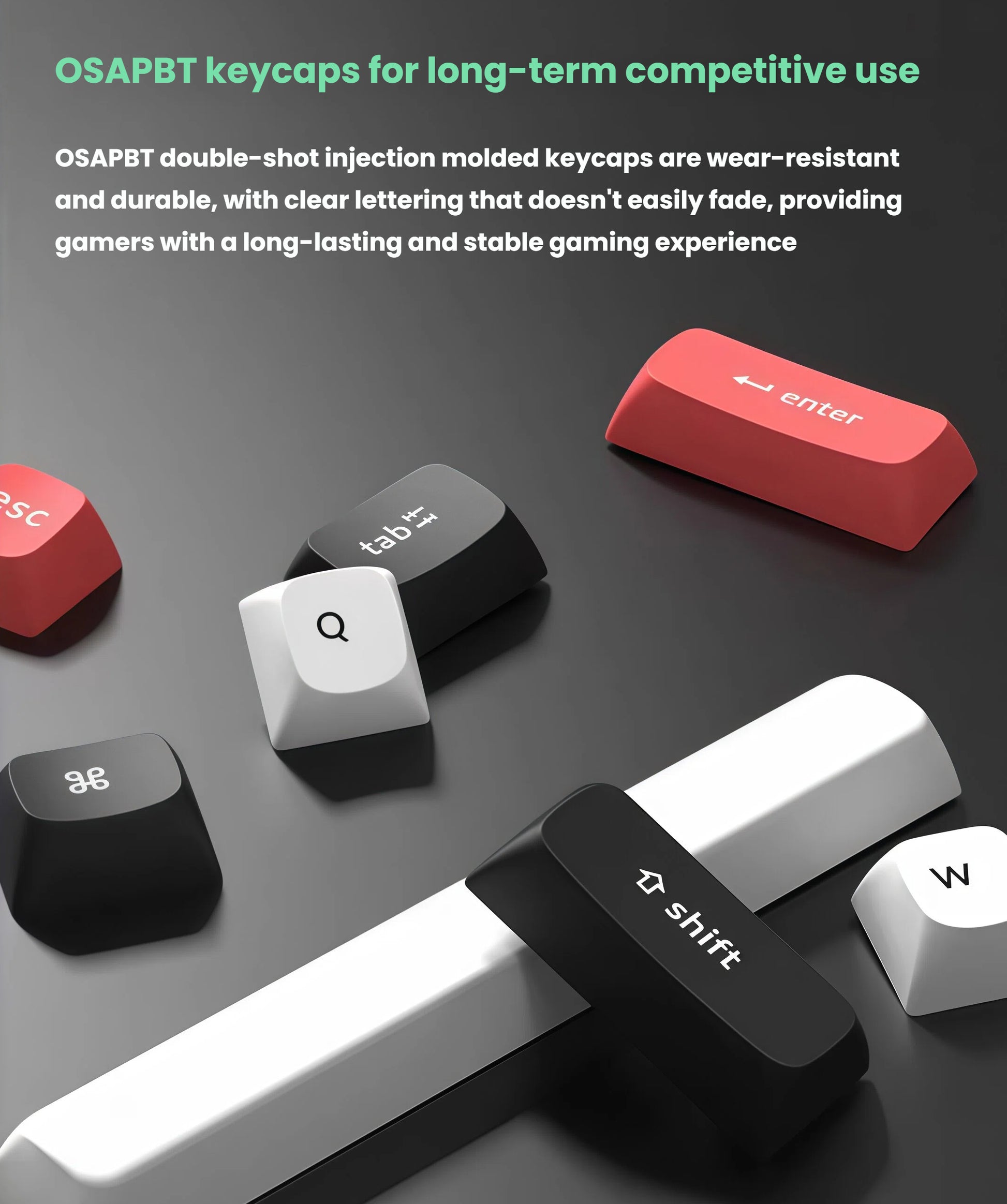 Close-up of Keychron Q1 HE keyboard keycaps made from OSAPBT double-shot injection molding, featuring wear-resistant design with clear lettering that resists fading over time.