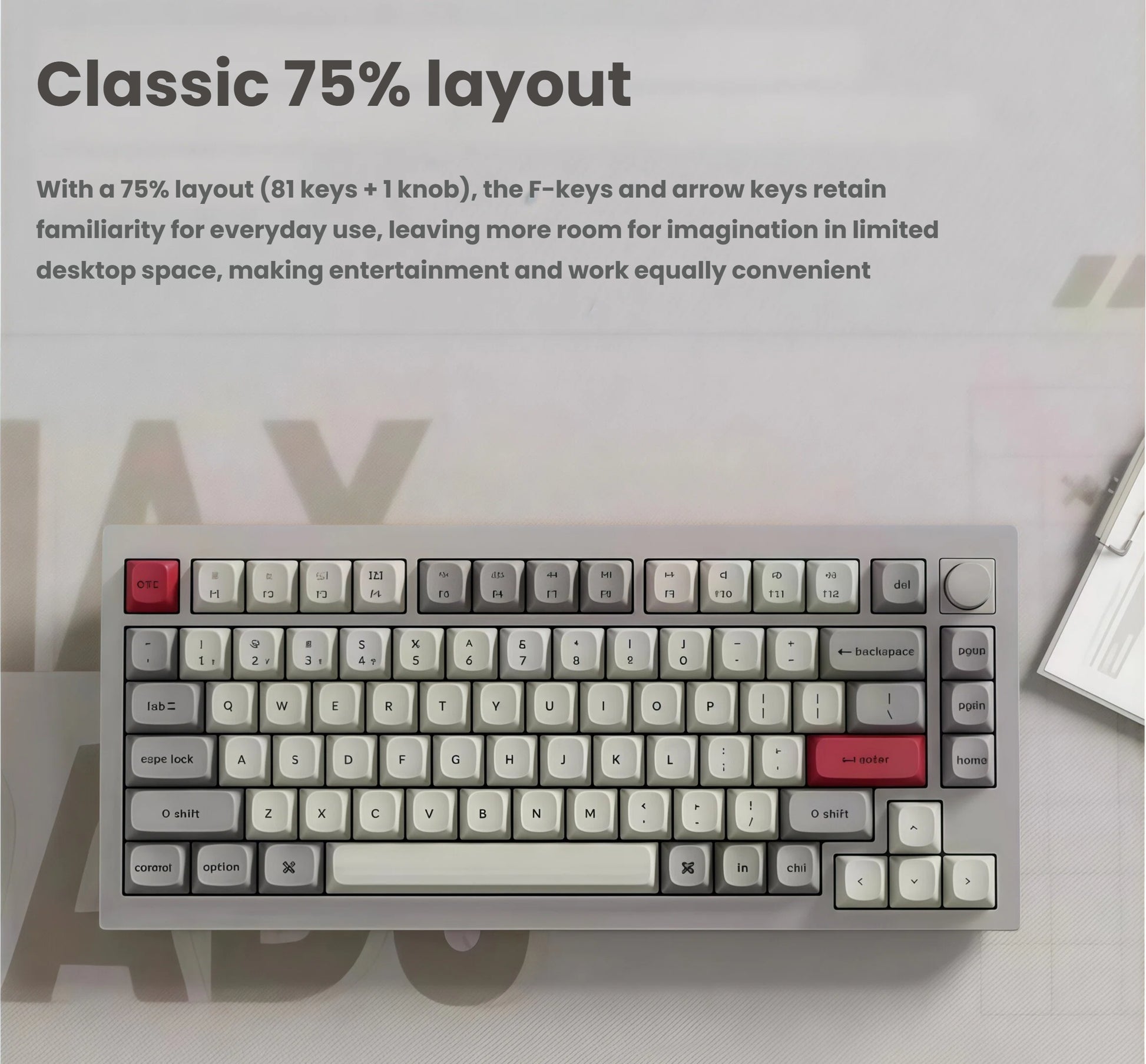 Front view of Keychron Q1 Max 75% keyboard layout with 81 keys and rotary knob, retaining full F-key and arrow key functionality in a compact size, ideal for limited desktop space.