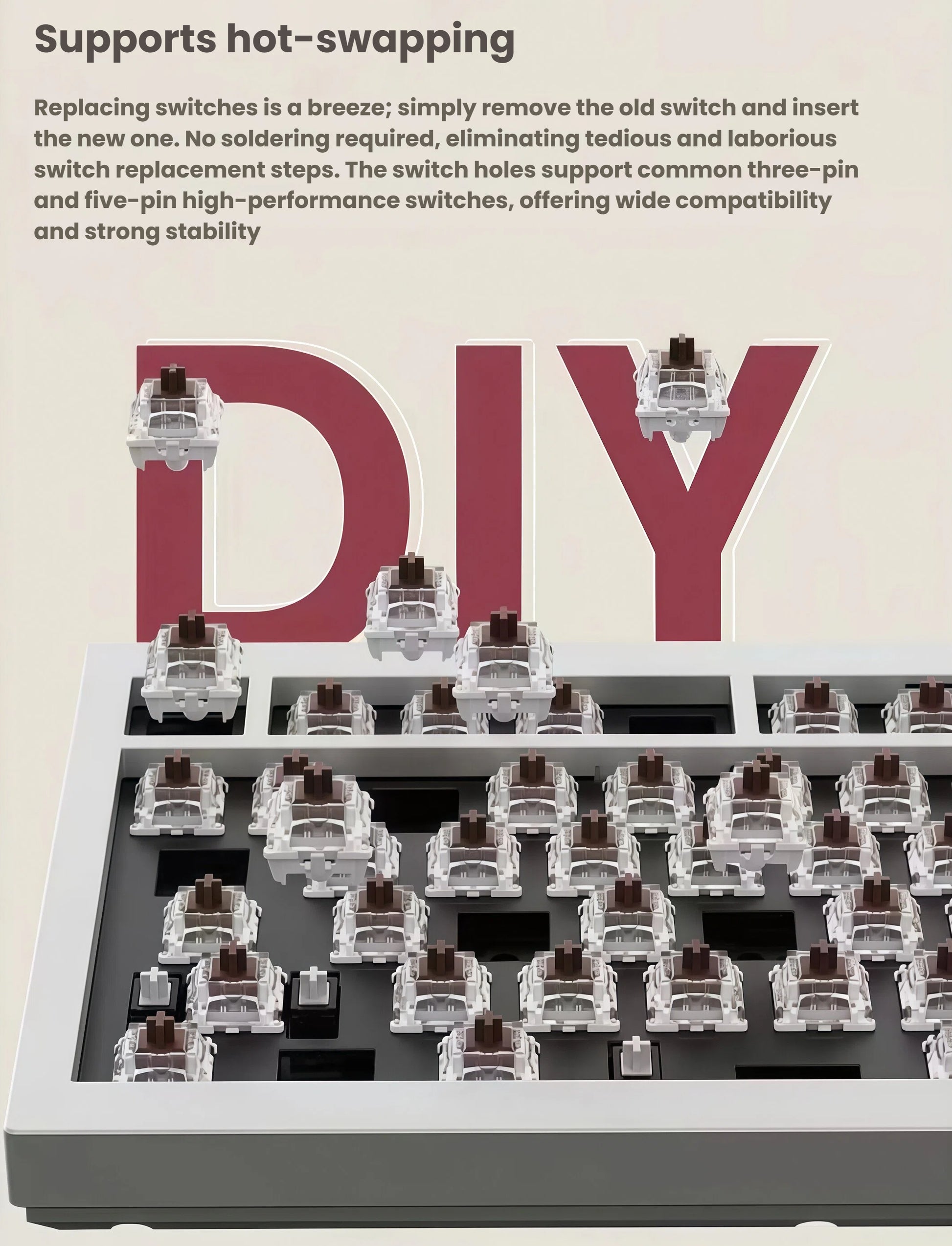 Close-up of Keychron Q1 Max keyboard with exposed hot-swappable mechanical switches, supporting both 3-pin and 5-pin switches, perfect for DIY enthusiasts and custom builds.