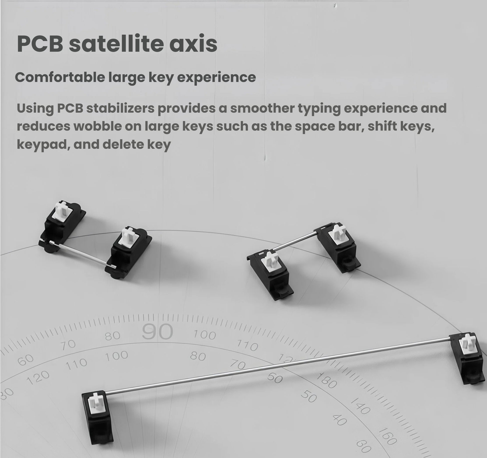 Detail shot of Keychron Q1 Max PCB satellite stabilizers used for spacebar, shift, and delete keys, providing smoother typing experience and minimizing wobble for consistent performance.