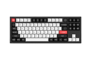 Top-down view of Keychron Q3 HE mechanical keyboard showing its 60% compact design with white double-shot PBT keycaps, red ESC and Enter keys, and minimalist black aluminum frame.