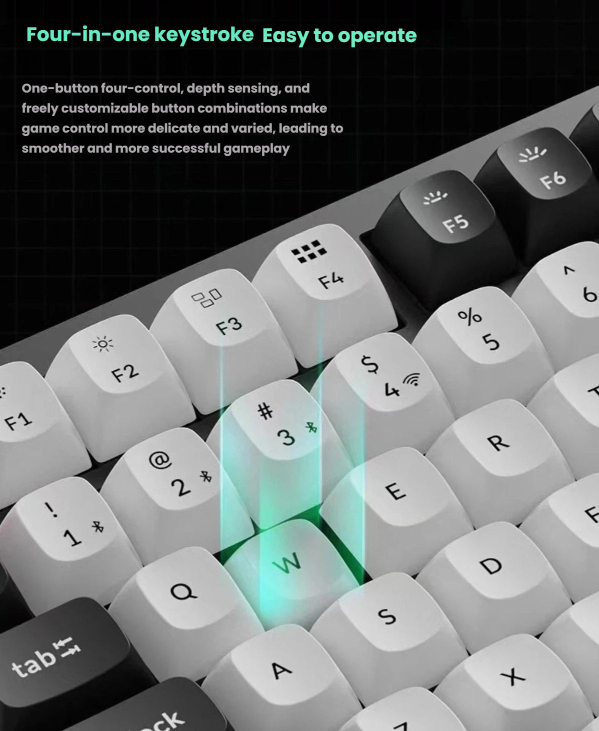 Detail shot of Keychron Q3 HE’s four-in-one keystroke feature on the W key, demonstrating depth sensing and multi-level input detection for enhanced game control precision.
