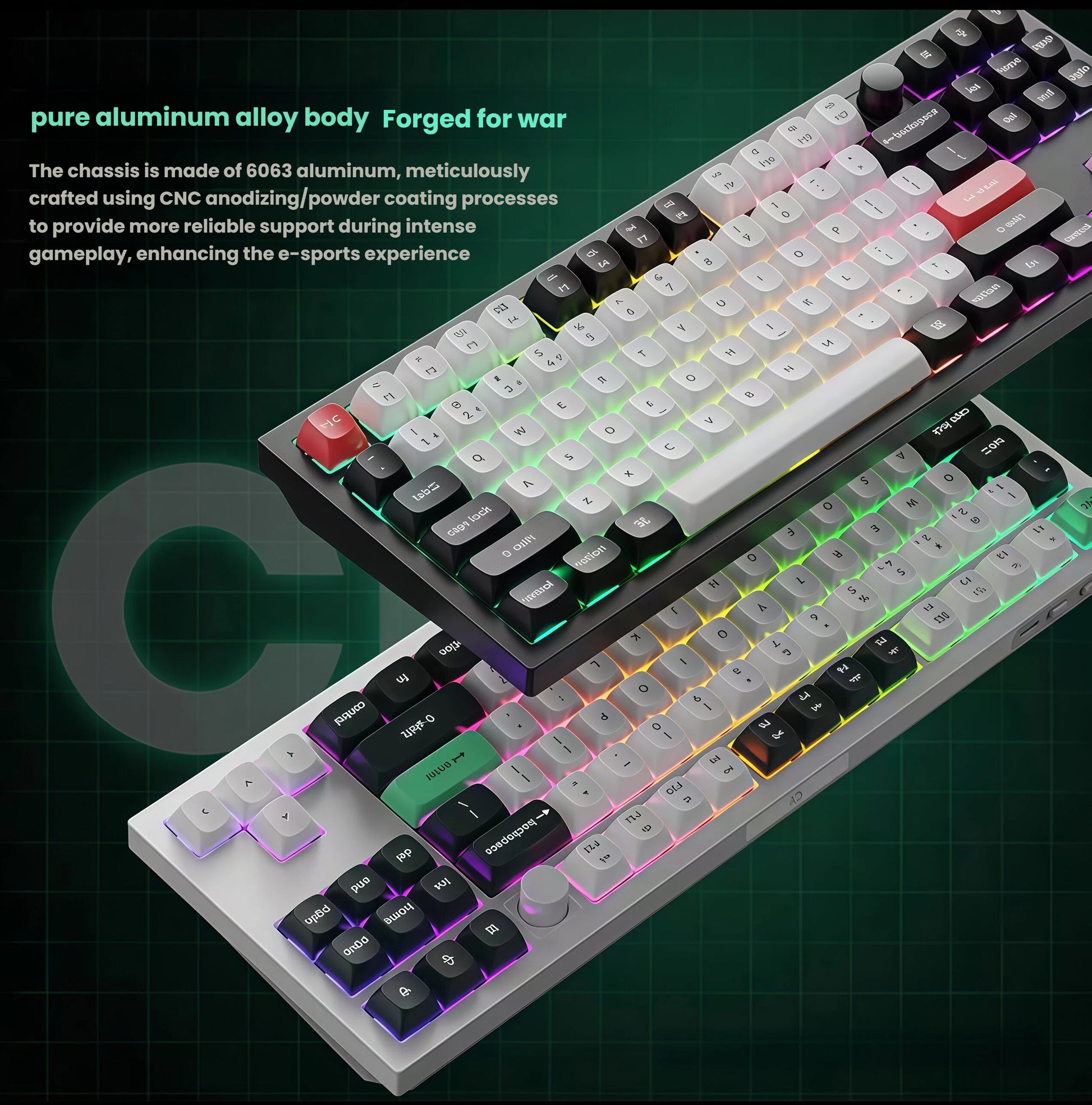Side view of two Keychron Q3 HE keyboards stacked, showcasing their 6063 aluminum alloy chassis with CNC anodizing and powder coating, built for durability during intense gaming sessions.