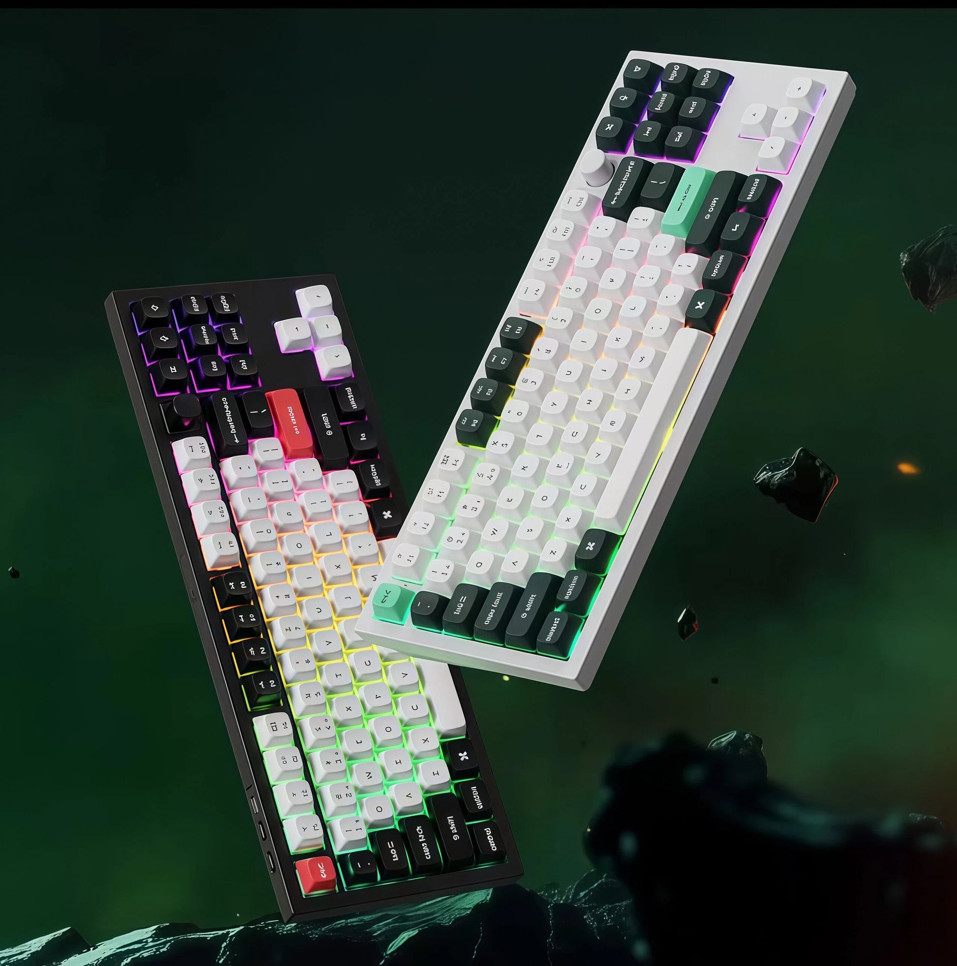Floating view of Keychron Q3 HE mechanical keyboard in black and white colorways, featuring vibrant RGB backlighting, 60% compact layout, and sleek aluminum frame against a futuristic space-themed background.