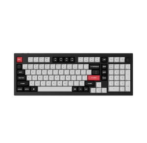 Full top view of Keychron Q5 HE in black colorway with red ESC and Enter keys, showcasing its 80% compact layout, dual-mode connectivity, and premium build quality.